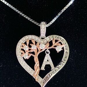 Tree of Life Heart Pendant Necklace with Initial A